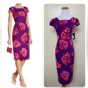 Donna Morgan Floral Dress- size 12 Purple/pink stretch midi dress. Stunning fit!